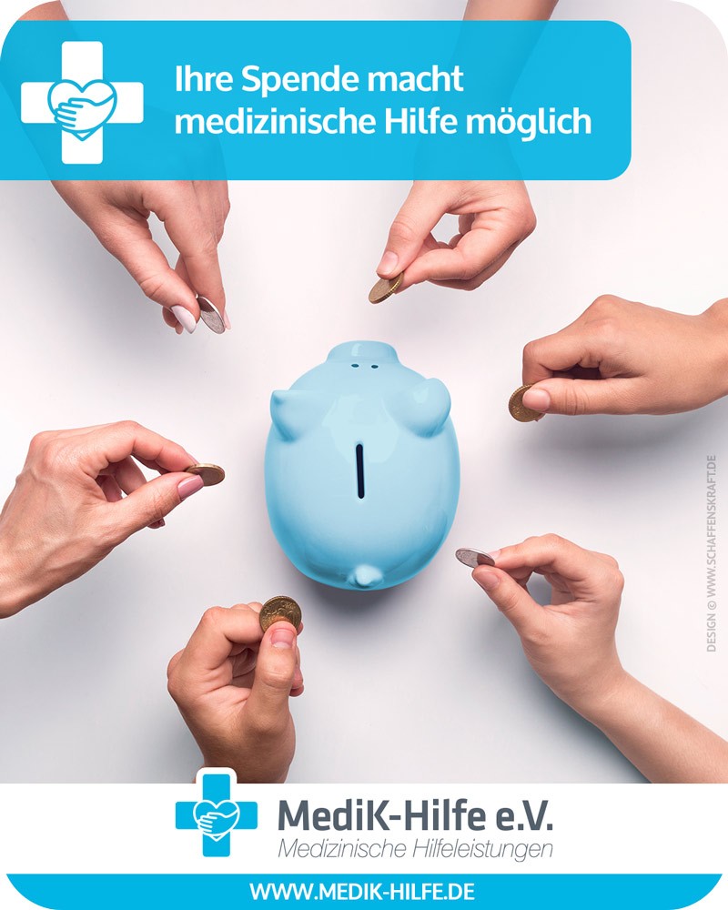 Spenden für medizinische Hilfe in Sparschwein einwerfen