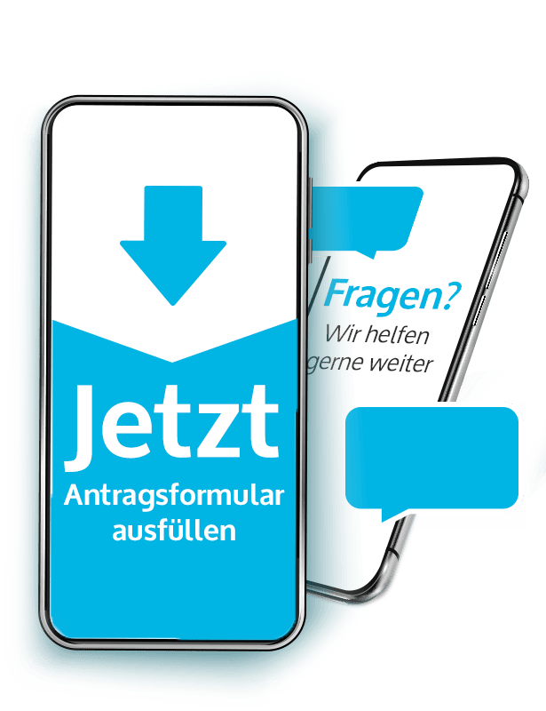Smartphones mit Sprechblasen und Aufforderung das Antragsformular jetzt auszufüllen