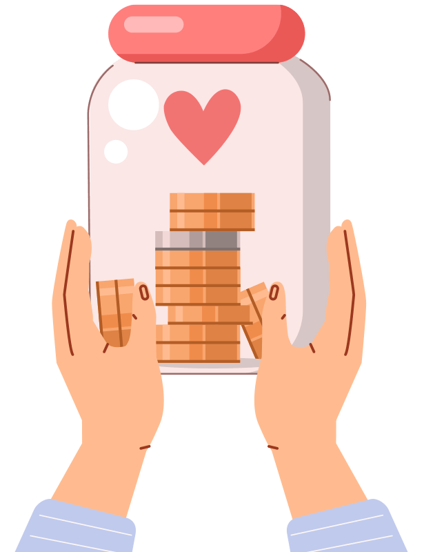 Hände halten Spardose mit Münzen und Herzsymbol